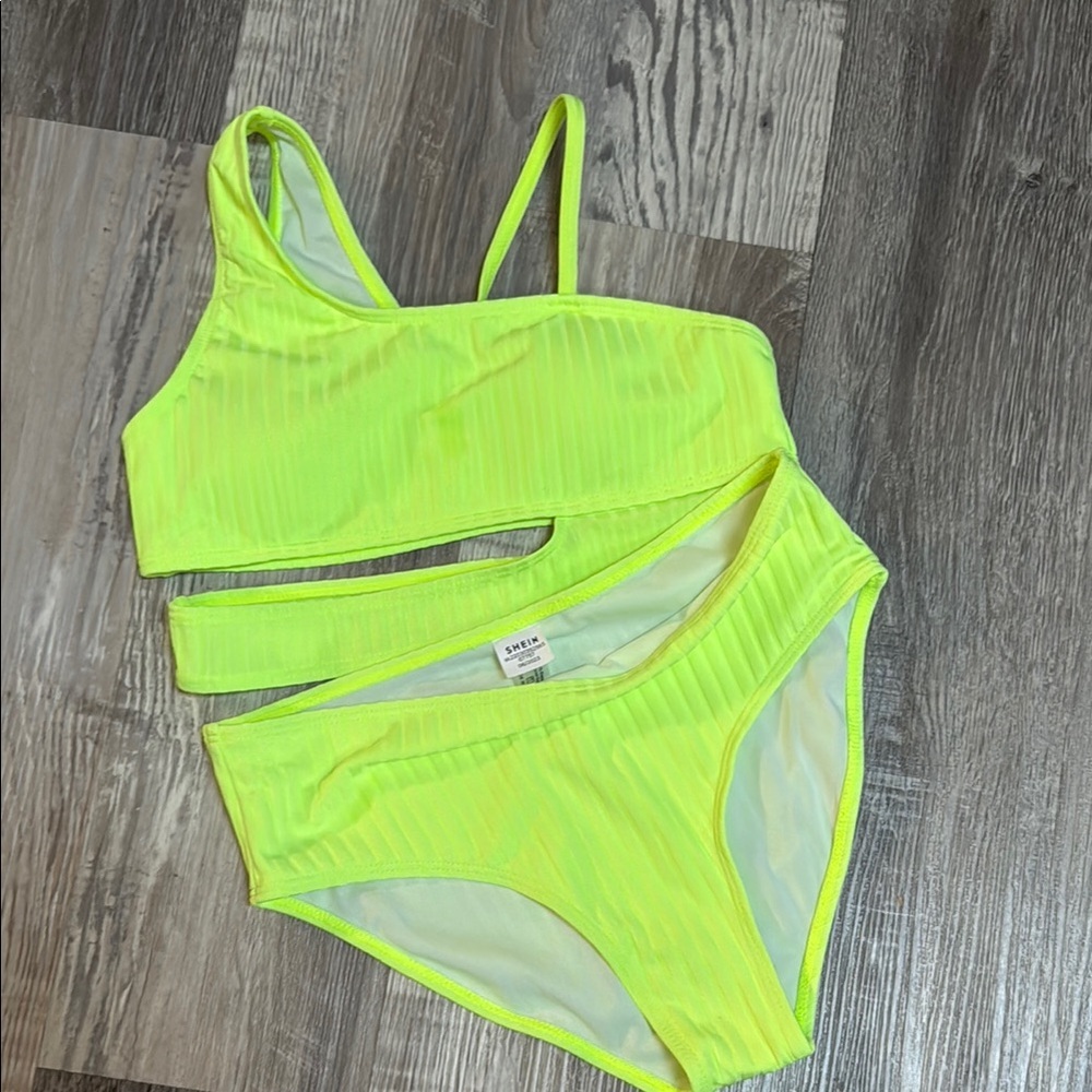 New Girls Neon Lime Asymmetrical Two-Piece Swimsuit